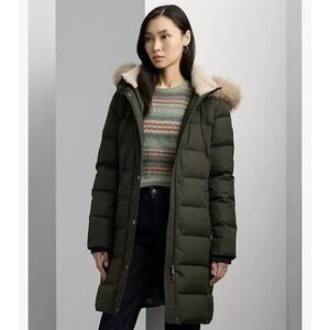 Lauren Ralph Lauren Down Puffer Winter Coat Womens M Olive Green Faux Fur Hood